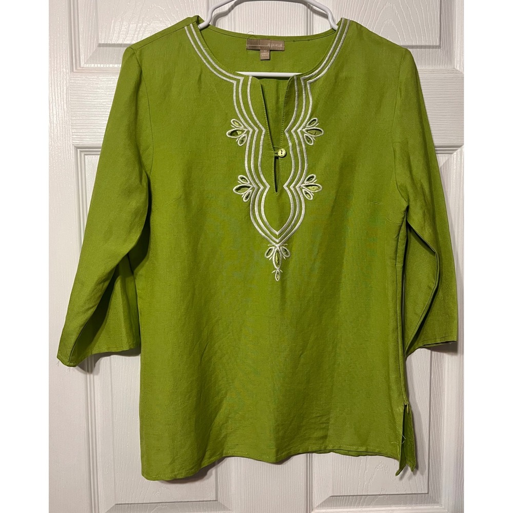 Appraisal Womens M Lime‎ Green Linen Embroidered Split Neck 3/4 Sleeve Tunic Top